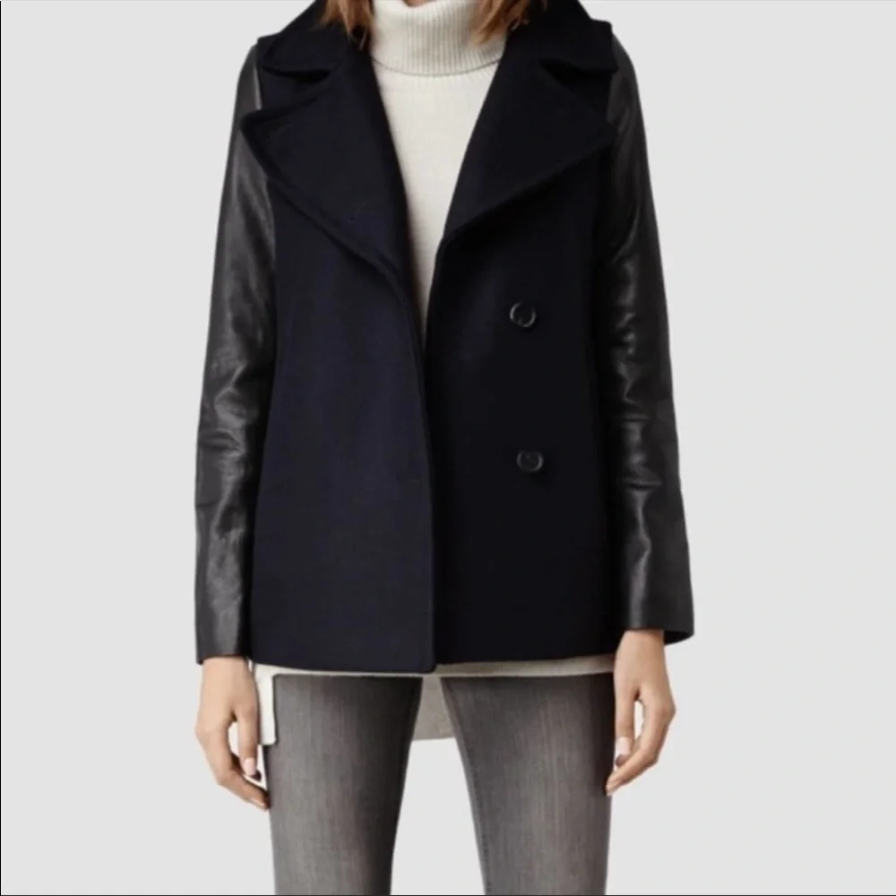 All Saints Ishba Leather and Wool Peacoat Black Size 4 - Picture 2 of 9